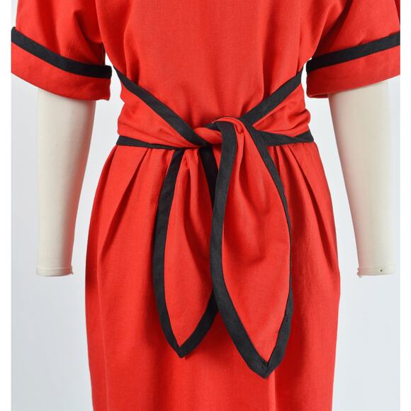 Vintage 80s Red and Black Linen Tie Front High Waisted Sheath Dress M - Picture 4 of 9